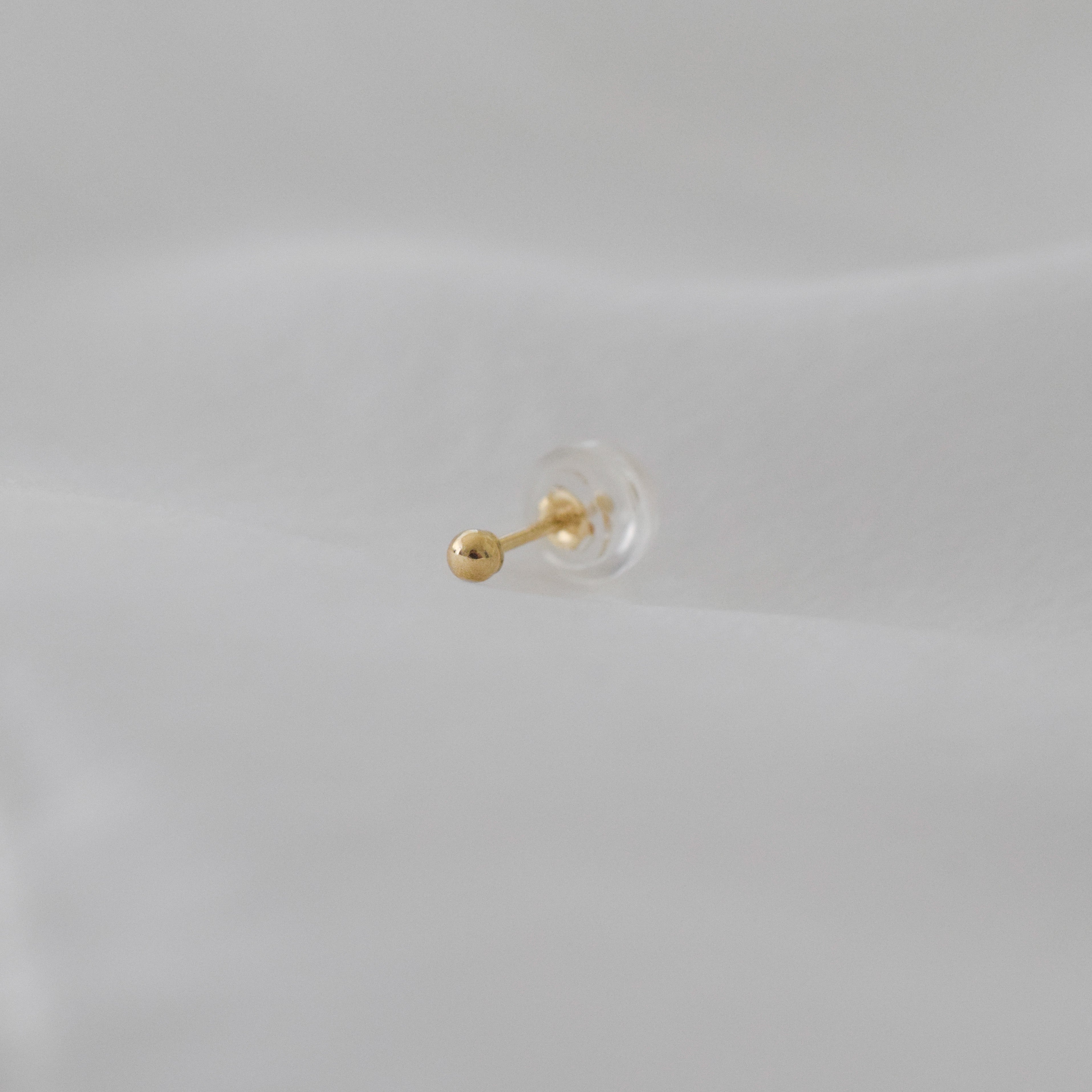 Small, Tiny Round Ball Stud Earring made from 14K recycled gold, slip-proof silicone earring back included