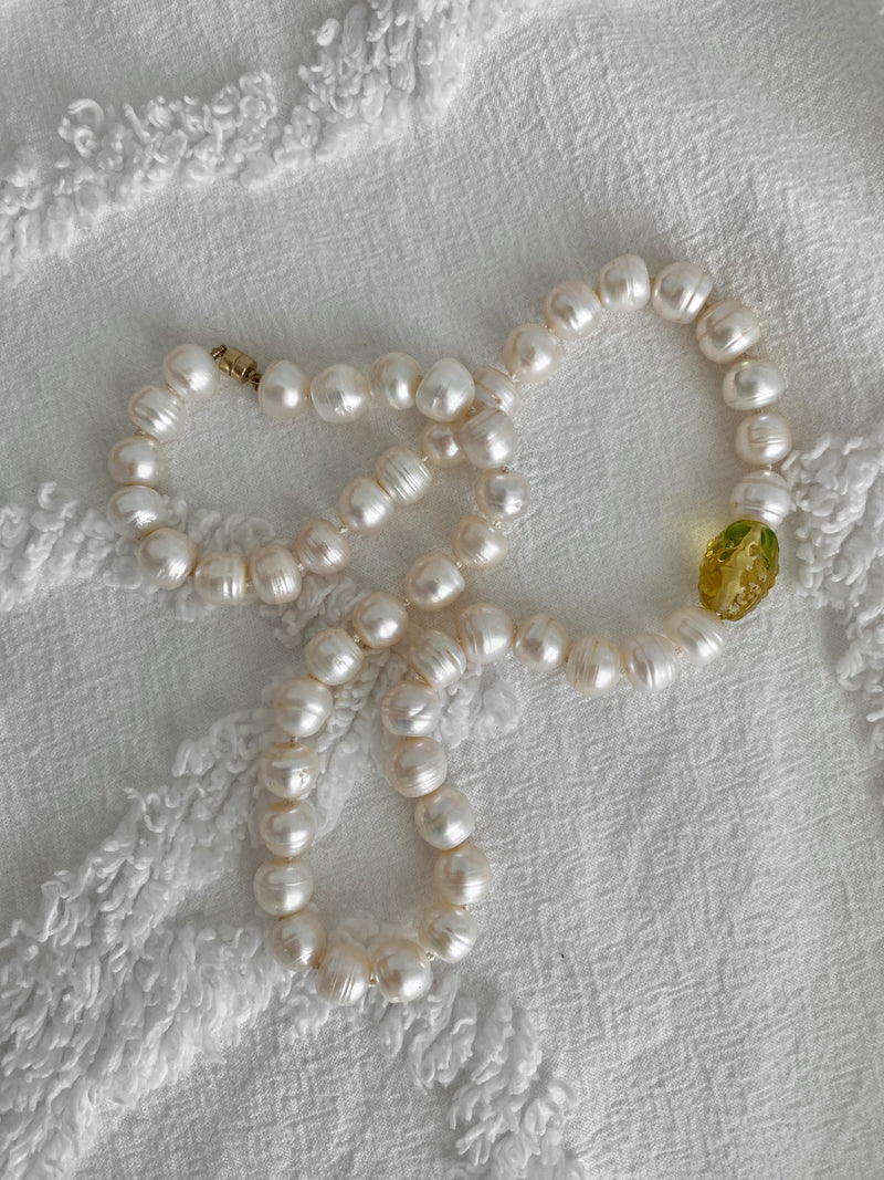 Amber Pearl Necklace with Pineapple laid flat