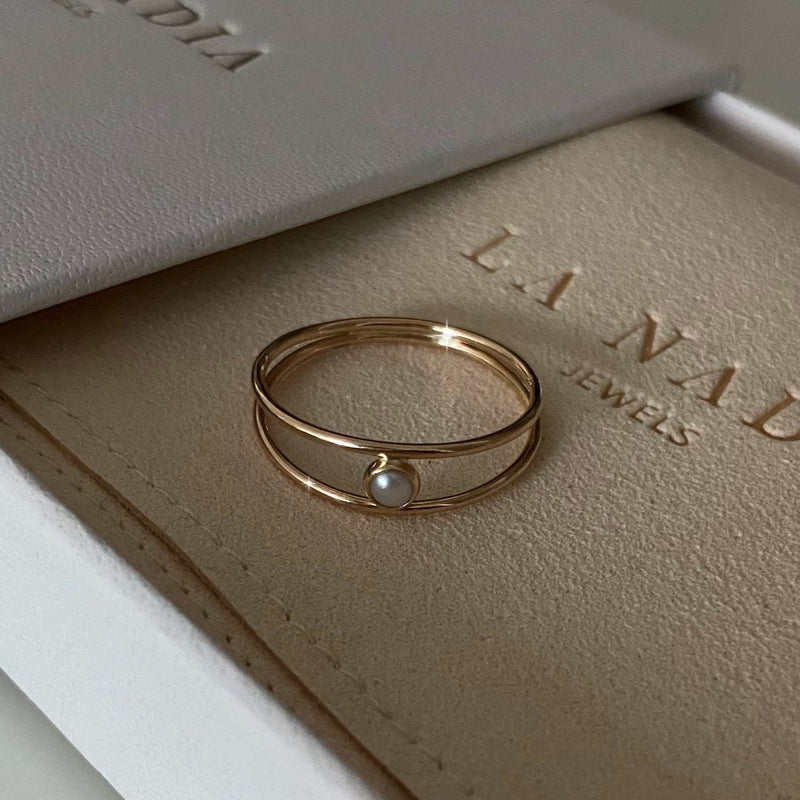 La Nadia Jewels dainty stacking ring in box featuring freshwater pearl june birthstone set in 14k yellow gold fine jewelry made in miami usa by independent designer 