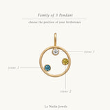 family pendant for a family of three 3. made of 14k solid gold and birthstones. hand craftted in miami. product image showing the position of each birtthstone.