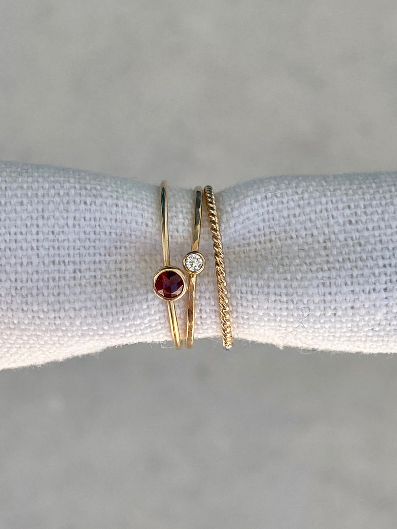 Stacking ring garnet diamond 14 karat solid gold twisted ring band hammered ring band jewelry ring stack january april birthstones